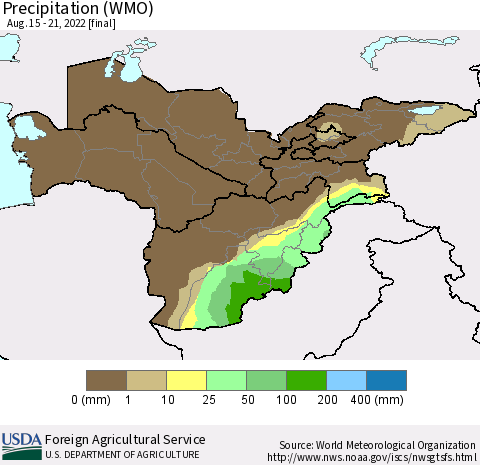 Central Asia Precipitation (WMO) Thematic Map For 8/15/2022 - 8/21/2022