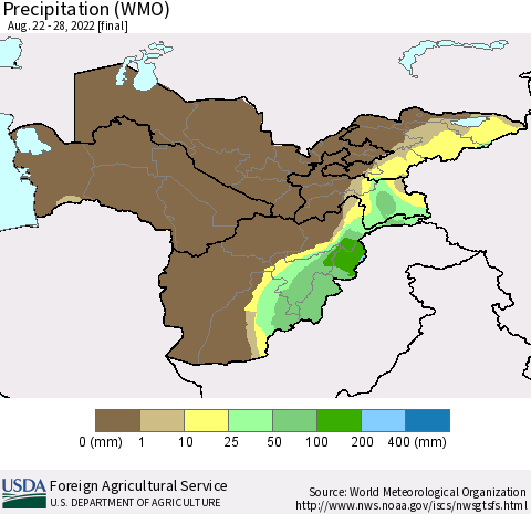 Central Asia Precipitation (WMO) Thematic Map For 8/22/2022 - 8/28/2022
