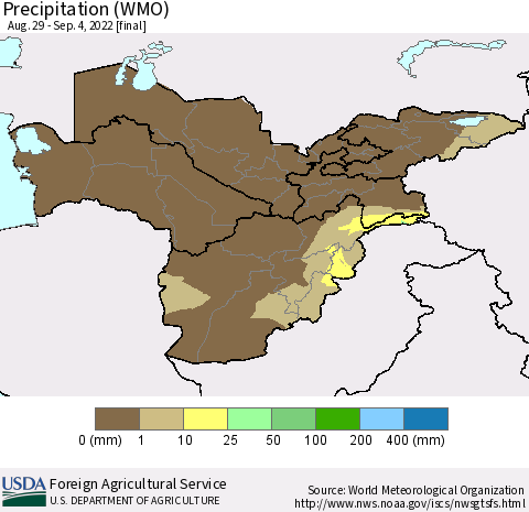 Central Asia Precipitation (WMO) Thematic Map For 8/29/2022 - 9/4/2022