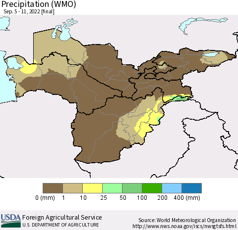 Central Asia Precipitation (WMO) Thematic Map For 9/5/2022 - 9/11/2022