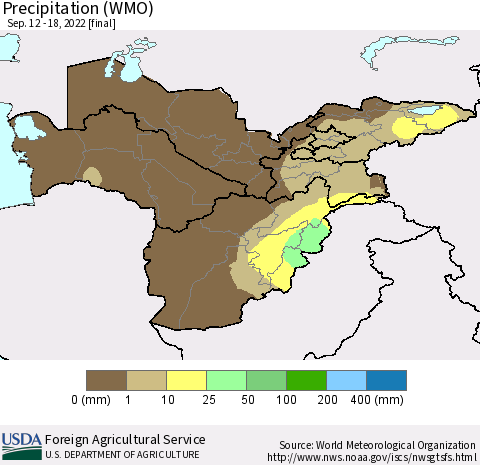 Central Asia Precipitation (WMO) Thematic Map For 9/12/2022 - 9/18/2022