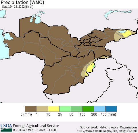 Central Asia Precipitation (WMO) Thematic Map For 9/19/2022 - 9/25/2022