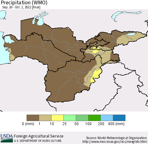 Central Asia Precipitation (WMO) Thematic Map For 9/26/2022 - 10/2/2022