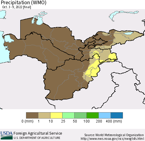 Central Asia Precipitation (WMO) Thematic Map For 10/3/2022 - 10/9/2022