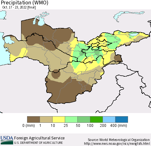 Central Asia Precipitation (WMO) Thematic Map For 10/17/2022 - 10/23/2022