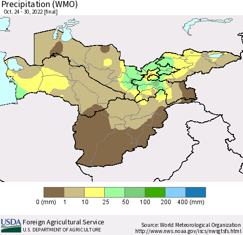 Central Asia Precipitation (WMO) Thematic Map For 10/24/2022 - 10/30/2022