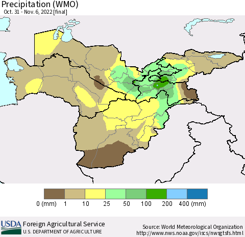 Central Asia Precipitation (WMO) Thematic Map For 10/31/2022 - 11/6/2022