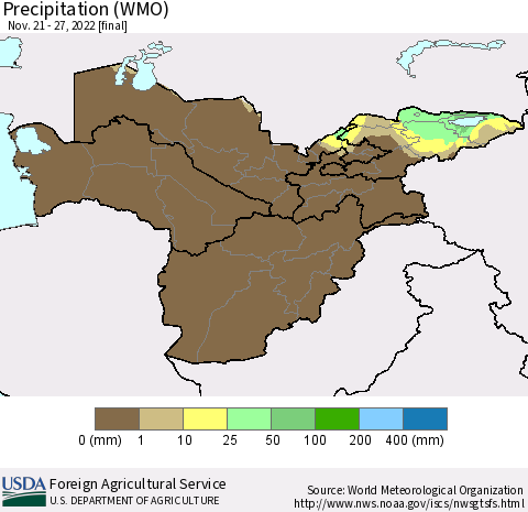 Central Asia Precipitation (WMO) Thematic Map For 11/21/2022 - 11/27/2022