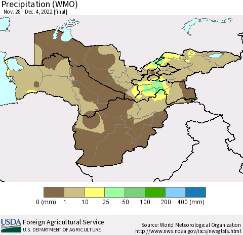 Central Asia Precipitation (WMO) Thematic Map For 11/28/2022 - 12/4/2022