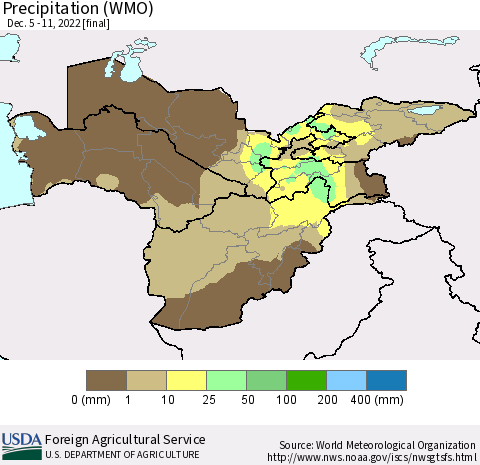 Central Asia Precipitation (WMO) Thematic Map For 12/5/2022 - 12/11/2022