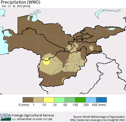 Central Asia Precipitation (WMO) Thematic Map For 12/12/2022 - 12/18/2022