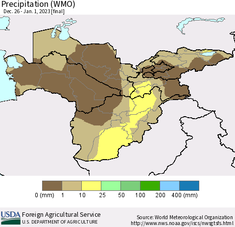Central Asia Precipitation (WMO) Thematic Map For 12/26/2022 - 1/1/2023