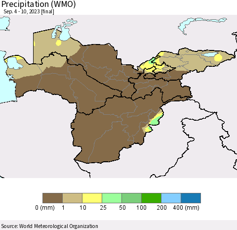Central Asia Precipitation (WMO) Thematic Map For 9/4/2023 - 9/10/2023