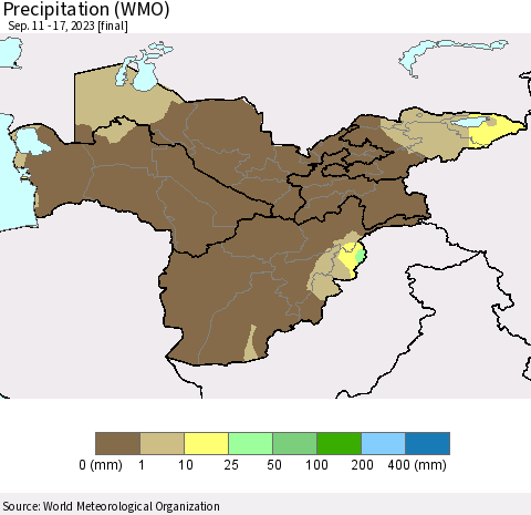 Central Asia Precipitation (WMO) Thematic Map For 9/11/2023 - 9/17/2023