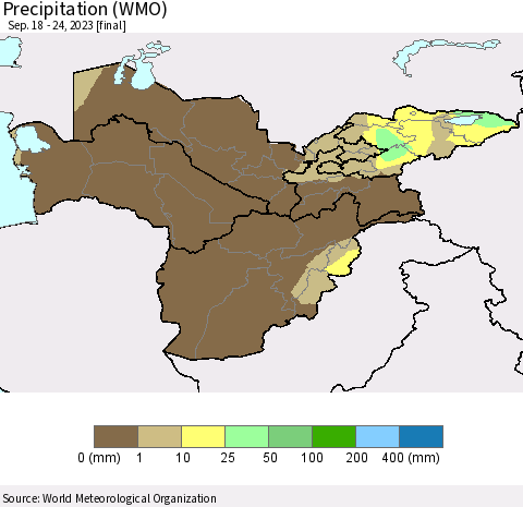 Central Asia Precipitation (WMO) Thematic Map For 9/18/2023 - 9/24/2023