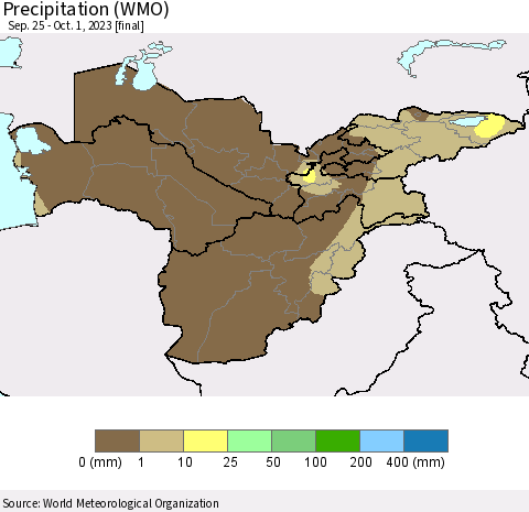 Central Asia Precipitation (WMO) Thematic Map For 9/25/2023 - 10/1/2023