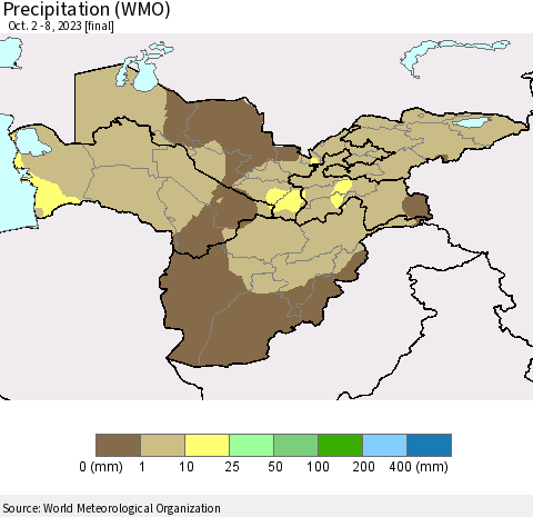 Central Asia Precipitation (WMO) Thematic Map For 10/2/2023 - 10/8/2023