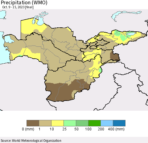 Central Asia Precipitation (WMO) Thematic Map For 10/9/2023 - 10/15/2023