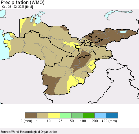 Central Asia Precipitation (WMO) Thematic Map For 10/16/2023 - 10/22/2023