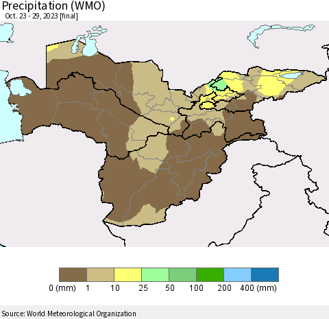 Central Asia Precipitation (WMO) Thematic Map For 10/23/2023 - 10/29/2023