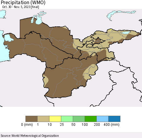 Central Asia Precipitation (WMO) Thematic Map For 10/30/2023 - 11/5/2023