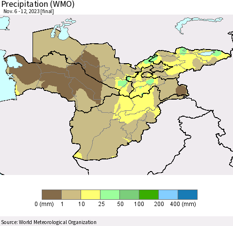 Central Asia Precipitation (WMO) Thematic Map For 11/6/2023 - 11/12/2023