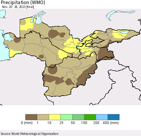 Central Asia Precipitation (WMO) Thematic Map For 11/20/2023 - 11/26/2023