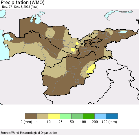 Central Asia Precipitation (WMO) Thematic Map For 11/27/2023 - 12/3/2023