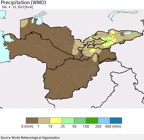 Central Asia Precipitation (WMO) Thematic Map For 12/4/2023 - 12/10/2023