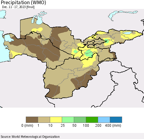 Central Asia Precipitation (WMO) Thematic Map For 12/11/2023 - 12/17/2023