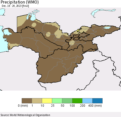Central Asia Precipitation (WMO) Thematic Map For 12/18/2023 - 12/24/2023