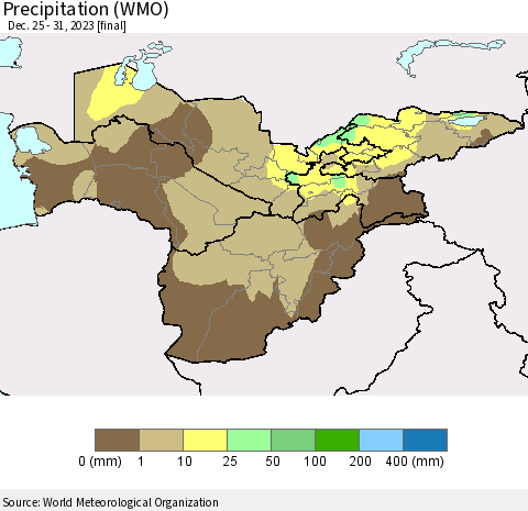 Central Asia Precipitation (WMO) Thematic Map For 12/25/2023 - 12/31/2023