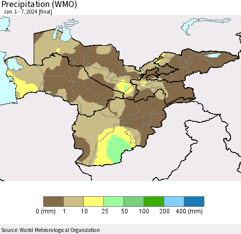 Central Asia Precipitation (WMO) Thematic Map For 1/1/2024 - 1/7/2024