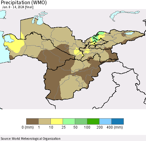 Central Asia Precipitation (WMO) Thematic Map For 1/8/2024 - 1/14/2024