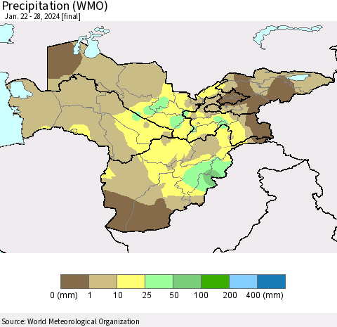 Central Asia Precipitation (WMO) Thematic Map For 1/22/2024 - 1/28/2024