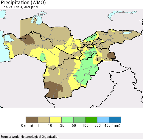 Central Asia Precipitation (WMO) Thematic Map For 1/29/2024 - 2/4/2024