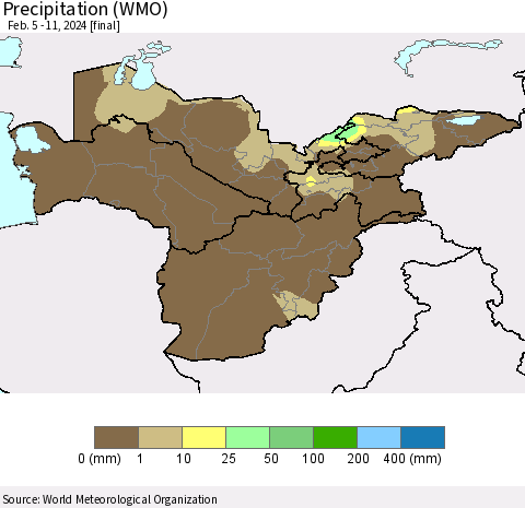 Central Asia Precipitation (WMO) Thematic Map For 2/5/2024 - 2/11/2024