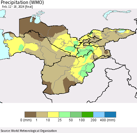 Central Asia Precipitation (WMO) Thematic Map For 2/12/2024 - 2/18/2024