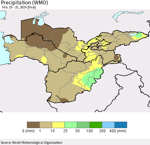 Central Asia Precipitation (WMO) Thematic Map For 2/19/2024 - 2/25/2024