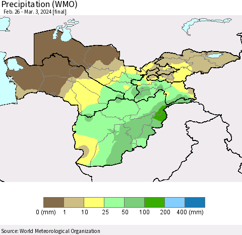 Central Asia Precipitation (WMO) Thematic Map For 2/26/2024 - 3/3/2024
