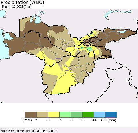 Central Asia Precipitation (WMO) Thematic Map For 3/4/2024 - 3/10/2024