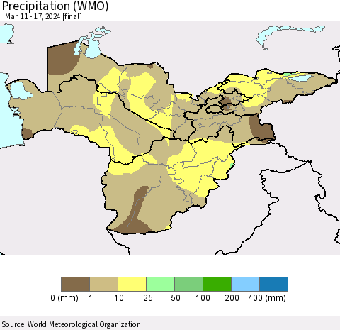 Central Asia Precipitation (WMO) Thematic Map For 3/11/2024 - 3/17/2024