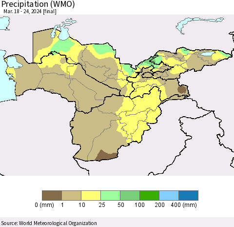 Central Asia Precipitation (WMO) Thematic Map For 3/18/2024 - 3/24/2024