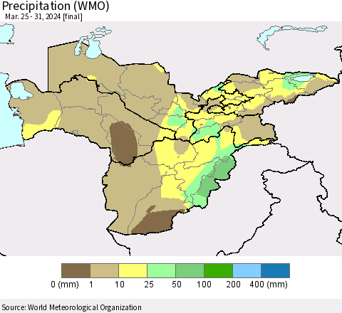 Central Asia Precipitation (WMO) Thematic Map For 3/25/2024 - 3/31/2024