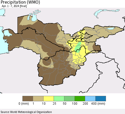 Central Asia Precipitation (WMO) Thematic Map For 4/1/2024 - 4/7/2024
