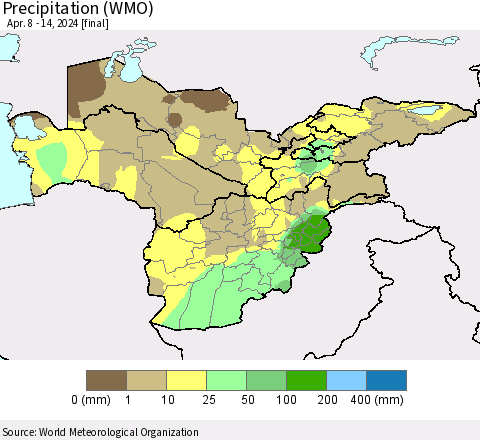 Central Asia Precipitation (WMO) Thematic Map For 4/8/2024 - 4/14/2024