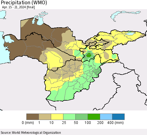 Central Asia Precipitation (WMO) Thematic Map For 4/15/2024 - 4/21/2024