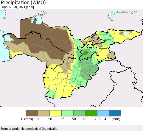 Central Asia Precipitation (WMO) Thematic Map For 4/22/2024 - 4/28/2024