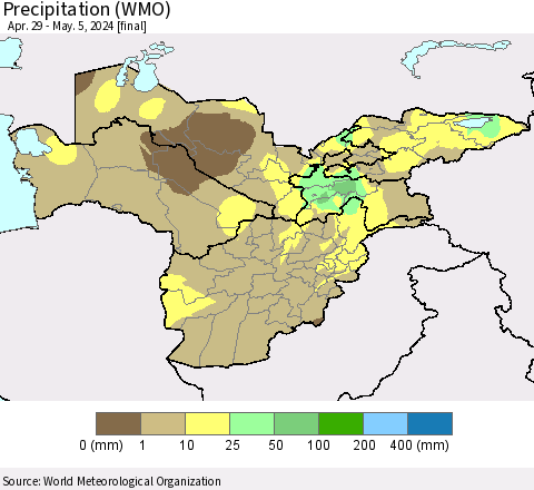 Central Asia Precipitation (WMO) Thematic Map For 4/29/2024 - 5/5/2024