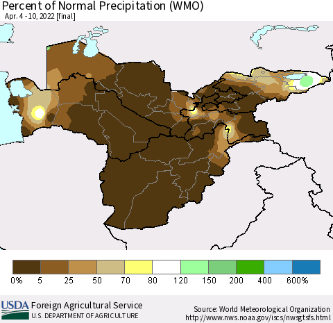 Central Asia Percent of Normal Precipitation (WMO) Thematic Map For 4/4/2022 - 4/10/2022